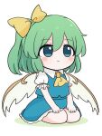  1girl azuma_meri blue_dress blush chibi chibi_only closed_mouth collared_shirt commentary_request daiyousei dress fairy_wings green_hair hair_ribbon highres ribbon shirt short_hair short_sleeves simple_background sitting smile solo touhou white_background white_shirt wings yellow_ribbon 