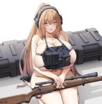  1girl artist_name bare_shoulders black_shoes blonde_hair bolt_action bottomless breasts bursting_breasts collarbone crossed_arms girls'_frontline girls'_frontline_2:_exilium green_eyes gun headphones high_heels highres huge_breasts jewelry keenh long_hair looking_at_viewer m1903_springfield navel open_mouth rifle ring seiza shoes sitting sniper_rifle solo springfield_(girls'_frontline) springfield_(girls'_frontline_2) very_long_hair weapon 