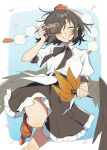  1girl bird_wings black_bow black_bowtie black_skirt black_wings blush bow bowtie camera closed_eyes commentary_request facing_viewer feathered_wings frilled_skirt frills geta grin hat hauchiwa holding holding_camera pointy_ears pom_pom_(clothes) puffy_short_sleeves puffy_sleeves red_hat sakic43899 shameimaru_aya shirt short_sleeves skirt smile solo tengu-geta tokin_hat touhou white_shirt wings 
