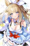  1girl almond_eye_(the_changer)_(umamusume) almond_eye_(umamusume) animal_ears bare_shoulders blue_dress blue_eyes blue_gloves blush braid breasts brown_hair cleavage closed_mouth colored_inner_hair commentary_request cross-shaped_pupils detached_sleeves dress gloves hanamura_pink highres horse_ears horse_girl horse_tail large_breasts long_hair looking_at_viewer multicolored_hair side_braid single_braid smile solo streaked_hair symbol-shaped_pupils tail thighhighs umamusume white_sleeves white_thighhighs 