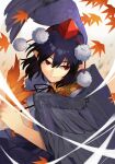  1girl autumn_leaves black_hair breasts feathered_wings hat hauchiwa highres holding leaf light_smile medium_hair onionmay pointy_ears pom_pom_(clothes) red_eyes shameimaru_aya shirt small_breasts solo tengu tokin_hat touhou white_shirt wings 
