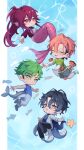  4boys :< arm_fins black_hair blue_background blue_eyes blue_hair blue_shirt blush breasts brown_hair caustics chibi chibi_only cleavage closed_eyes clownfish commentary english_commentary ensemble_stars! fins fish fish_boy fish_tail full_body gradient_hair green_eyes green_shirt green_socks grey_shoes grey_shorts hair_between_eyes head_fins highres jacket kojika_juis kuon_mashu layered_shirt layered_sleeves long_hair long_sleeves looking_ahead looking_at_viewer looking_back madoka_nozomi male_focus mellow_dear_us_(ensemble_stars!) merfolk mermaid monster_girl monsterification multicolored_hair multiple_boys octopus_boy open_clothes open_jacket open_mouth outside_border outstretched_arms pants pillarboxed pink_eyes pink_hair ponytail purple_hair purple_shirt qi_(fish_s_1) shark_tail shirt shoes short_hair short_over_long_sleeves short_sleeves shorts single_bare_shoulder single_off_shoulder sleeveless sleeveless_shirt smile socks starfish tail tentacles tsuzura_chitose two-tone_shirt undercut undershirt underwater white_jacket white_pants white_shirt white_shoes yellow_eyes 