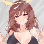  1girl against_glass animal_ears bikini black_bikini blush braid breasts brown_hair buena_vista_(umamusume) checkered_hairband commentary_request ear_covers hairband hand_on_glass highres horse_ears horse_girl large_breasts looking_at_viewer multicolored_hair o-ring o-ring_bikini okomesuihanki side_braids smile solo streaked_hair swimsuit umamusume white_streaks 