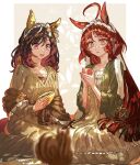  2girls ahoge animal_ears blunt_bangs blunt_ends blunt_sidelocks blush braid breasts brown_hair brown_shawl buena_vista_(umamusume) collarbone commentary_request cup dress ear_covers food frills green_jacket hair_between_eyes hairband highres holding holding_food holding_sandwich horse_ears horse_girl horse_tail jacket jagaimobeniko long_hair long_sleeves multiple_girls official_alternate_costume open_clothes open_jacket open_mouth purple_eyes red_desire_(umamusume) red_hair sandwich shawl sidelocks smile star_ornament tail umamusume white_dress yellow_eyes 