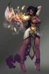  1girl absurdres arm_up artist_name breasts clip_studio_paint_(medium) commentary dark-skinned_female dark_skin dated detached_sleeves earrings elsevilla english_commentary green_eyes green_nails highres holding holding_sword holding_weapon jewelry large_breasts long_hair looking_at_viewer nail_polish original pelvic_curtain simple_background solo sword tiptoes toenail_polish toenails very_long_hair weapon 