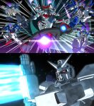  00_gundam 00_raiser commentary copyright_name crossed_wrists english_commentary flying_kick freedom_gundam gquuuuuux green_eyes gundam gundam_00 gundam_aerial_rebuild gundam_age gundam_age-fx gundam_gquuuuuux gundam_seed gundam_suisei_no_majo gundrass highres holding holding_shield in-franchise_crossover kicking mecha mecha_focus mobile_suit mobile_suit_gundam no_humans parody red_eyes robot rx-78-2_gundam rx-78-2_gundam_(hyper) science_fiction shield space tokusatsu ultra_beam ultra_series v-fin 