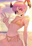  1girl absurdres arm_support bare_shoulders bat_wings beach bikini bracelet cloud darkstalkers demon_girl flat_chest gjh gold_bikini head_wings highres jewelry lilith_(darkstalkers) looking_at_viewer midriff navel ocean petite purple_hair red_eyes short_hair side-tie_bikini_bottom sitting smile solo sun sunset swimsuit triangle_bikini_top twilight v wings 
