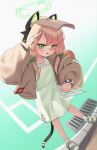  1girl absurdres alternate_costume animal_ear_headphones animal_ears ankle_socks arm_up blonde_hair blue_archive blush bow boxcutter brown_jacket cardboard cat_ear_headphones cat_ears cat_tail chinese_commentary commentary_request dress fake_animal_ears fake_tail green_bow green_dress green_eyes green_halo green_sandals halo headphones highres holding holding_ruler jacket low-tied_sidelocks marshal_(artist) midori_(blue_archive) open_clothes open_jacket open_mouth ruler sandals see-through_clothes see-through_dress set_square sidelocks socks solo tail v v_over_head watch white_socks wristwatch 