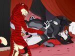 angel_(velvetvlade) anthro anthro_on_feral bed bestiality big_fangs black_pawpads blue_eyes canid canine erection fangs felid female female/female feral feral_on_feral fur furniture genitals green_eyes group group_sex hi_res killthe_demon lying male male/female mammal markings nude on_back on_bed on_top pawpads penile_spines penis pink_penis purple_eyes red_body red_fur sex smile standing striped_arms striped_legs striped_markings striped_tail stripes tail tail_markings teeth threesome trio yellow_body yellow_fur yipsky 