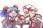  2girls apple bangs bare_shoulders basket blonde_hair blue_dress blue_ribbon blush bow breasts chair closed_eyes crystal dress earrings eyebrows_visible_through_hair flandre_scarlet food fruit gradient gradient_background grey_hair hair_between_eyes hand_up hat hat_ribbon horns isu_(is88) jewelry medium_breasts mob_cap multicolored_wings multiple_girls off_shoulder one_side_up open_mouth pink_background pink_bow pointy_ears puffy_short_sleeves puffy_sleeves red_bow red_dress red_ribbon ribbon sharp_teeth shirt short_hair short_sleeves sitting smile table teeth touhou toutetsu_yuuma utensil weapon white_background white_headwear white_shirt wide_sleeves wings 