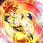  1boy aura closed_mouth dougi dragon_ball dragon_ball_super dragon_ball_super_broly energy fighting_stance highres looking_at_viewer male_focus mattari_illust muscle red_eyes red_hair smile solo son_gokuu spiked_hair super_saiyan super_saiyan_god 