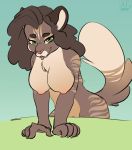  2019 absurd_res airfly-pony anthro bare_breasts blue_background breasts brown_body brown_fur brown_hair countershade_torso countershading felid feline female fluffy fluffy_tail fur green_eyes hair hi_res leaning_on_object looking_at_viewer mammal nipples nude puffy_nipples sherry_(airfly) signature simple_background snout solo text tongue tongue_out white_body white_fur 