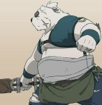  2019 anthro armor belly fur humanoid_hands male mammal osansyoup overweight overweight_anthro overweight_male polar_bear scar simple_background solo ursid ursine weapon white_body white_fur 