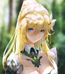  1girl armor backlighting bianka_durandal_ataegina blonde_hair blue_eyes blurry blurry_background braid breasts cleavage close-up commentary detached_collar earrings ether.b expressionless flower hair_between_eyes hair_flower hair_ornament highres honkai_(series) honkai_impact_3rd jewelry long_hair looking_at_viewer outdoors pointy_ears ponytail shoulder_armor solo upper_body 