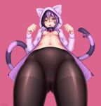  1girl :d absurdres animal_ears animal_hood bell bell_collar black_legwear blush breasts breasts_apart cameltoe cat_ears cat_tail cheshire_cat_(monster_girl_encyclopedia) collar english_commentary facial_mark highres hood hood_up looking_at_viewer looking_down monster_girl monster_girl_encyclopedia navel no_bra nose_blush open_mouth pantyhose purple_hair purple_hoodie pussy red_background see-through simple_background smile solo standing tail tail_bell wlper 