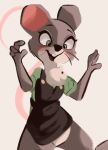  2020 anthro blush bottomless buckteeth cheek_tuft chest_tuft clothed clothing facial_tuft featureless_crotch female fur green_eyes grey_body grey_fur hi_res mammal mouse murid murine open_mouth open_smile rodent simple_background smile solo teeth tohupo tuft whiskers 