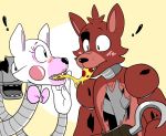  ! 2015 animatronic anthro blush bow canid canine cheek_tuft confusion duo eating eye_patch eyelashes eyewear facial_tuft female fingers five_nights_at_freddy&#039;s five_nights_at_freddy&#039;s_2 food fox foxy_(fnaf) head_tuft hook itsaaudraw lipstick machine makeup male mammal mangle_(fnaf) nails pink_body pizza red_body robot sharp_teeth teeth tuft video_games white_body 
