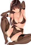  1girl arms_behind_head arms_up bangs black_bra black_gloves black_panties bra breasts brown_hair cleavage closed_mouth collarbone commentary_request elbow_gloves floral_print full_body garter_belt garter_straps gloves large_breasts lingerie lips long_hair looking_at_viewer navel original panties red_eyes saburou_(hgmg) shiny shiny_clothes shiny_hair shiny_skin simple_background sitting solo stomach thighhighs thighs underwear underwear_only 