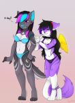  anthro bikini black_hair canid canine canis clothing collar dialogue duo female fox hair highlights_(coloring) hybrid hypohate_(artist) mammal sneaky sonja_wusky swimwear undressing undressing_another wings wolf wolfdog 