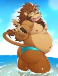  2020 anthro belly butt clothing felid hi_res humanoid_hands kemono kira_nerisu lion male mammal moobs nipples outside overweight overweight_anthro overweight_male pantherine solo swimwear water 