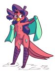  anthro avian beak bird black_eyes chiggedychew dripping dripping_water eyebrows eyelashes feathers female flat_chested genitals hair hi_res long_hair looking_sideways purple_hair pussy red_body red_feathers simple_background solo thick_eyebrows towel water wet white_background 
