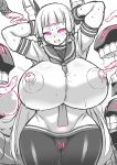  alternate_breast_size alternate_eye_color areolae bangs between_breasts blunt_bangs blush breasts covered_nipples dress gigantic_breasts glowing_tattoo grin hair_ribbon kantai_collection lactation lactation_through_clothes large_areolae long_hair monochrome murakumo_(kantai_collection) necktie necktie_between_breasts otoo_(izanagi) pantyhose pink_eyes pubic_tattoo pussy_juice pussy_juice_drip_through_clothes pussy_juice_trail ribbon sailor_dress saliva saliva_trail shinkaisei-kan short_eyebrows sidelocks smile spot_color sweat tattoo thick_thighs thighs tress_ribbon undershirt very_long_hair 