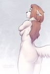  anthro bathing blonde_hair breasts butt catherinemeow domestic_cat eyes_closed felid feline felis female fluffy fluffy_tail fur hair hi_res mammal nipples nude open_mouth shower simple_background solo standing water white_body white_fur 