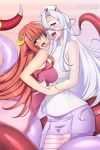  2girls :d albino bangs bare_arms blush breasts cleavage covered_collarbone crossover english_commentary fangs forked_tongue french_kiss hair_between_eyes hair_ornament hairclip half-closed_eyes hat kiss lamia large_breasts lindaroze long_hair long_tongue looking_at_viewer miia_(monster_musume) miniskirt monster_girl monster_musume_no_iru_nichijou monster_musume_no_oisha-san multiple_girls naughty_face nurse_cap open_mouth pink_eyes pink_skirt pointy_ears purple_skirt red_hair red_shirt saphentite_neikes scales shirt skirt sleeveless sleeveless_shirt smile tail tail_ornament tongue tongue_out trait_connection turtleneck very_long_hair white_hair white_shirt yellow_eyes yuri 