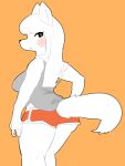  2020 anthro arctic_fox biped black_eyes blush bottomwear breasts butt canid canine clothed clothing digital_drawing_(artwork) digital_media_(artwork) female fox fur grey_clothing grey_shirt grey_topwear hair kukurikoko long_hair looking_at_viewer mammal narrowed_eyes orange_background orange_bottomwear orange_clothing orange_shorts shirt shorts simple_background simple_eyes solo tank_top thick_thighs topwear white_body white_hair 