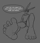  5_toes bunnyfeet english_text feet foot_fetish hare humanoid_feet lagomorph leporid male mammal monochrome musk paws rabbit smelly soles solo speech_bubble text toes 