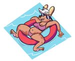  3_toes 4_fingers anthro bikini black_nose breasts brown_body brown_fur canid canine canis chiggedychew cleavage clothed clothing domestic_dog eyewear facial_piercing female fingers floating fur hair hi_res lying mammal navel nose_piercing pawpads piercing pink_bikini pink_clothing pink_pawpads pink_swimwear pool_float short_hair simple_background smile solo sunglasses swimwear toes water white_background white_hair 
