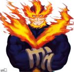  1boy 239_239 beard bodysuit boku_no_hero_academia crossed_arms facial_hair fire highres looking_at_viewer male_focus muscle mustache red_eyes red_hair smirk solo spiked_hair todoroki_enji upper_body white_background 