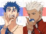  2boys archer blue_hair chest cropped_shoulders cu_chulainn_(fate)_(all) cu_chulainn_(fate/grand_order) dark_skin dark_skinned_male earrings fate/grand_order fate/stay_night fate_(series) g0ringo grey_eyes jewelry kiss lancer male_focus multiple_boys muscle open_mouth red_eyes short_hair stuffed_toy upper_body white_hair 