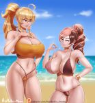  2girls aestheticc-meme ahoge armpit_crease artist_name bangs beach bikini blonde_hair breasts brown_bikini brown_eyes cameltoe cleavage clenched_teeth cloud collarbone commentary cowboy_shot earrings english_commentary eye_contact eyebrows_visible_through_hair hair_between_eyes hand_on_hip height_difference highres hoop_earrings huge_breasts jewelry looking_at_another multicolored_hair multiple_girls navel neo_politan ocean outdoors ponytail purple_eyes rwby sand smile sparkle standing strap_pull swimsuit teeth thighs two-tone_hair water watermark web_address yang_xiao_long yellow_bikini 