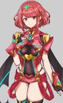  1girl absurdres bangs black_gloves breasts chest_jewel covered_navel cowboy_shot earrings fingerless_gloves gloves grey_background hand_on_own_chest highres jewelry looking_at_viewer medium_breasts pyra_(xenoblade) pyra_rin red_eyes red_hair red_legwear red_shorts short_hair short_shorts shorts simple_background smile solo swept_bangs thighhighs tiara xenoblade_chronicles_(series) xenoblade_chronicles_2 