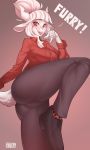  2020 absurd_res anthro big_breasts bottomwear bovid breasts butt caprine chest_tuft clothed clothing dialogue ears_back female fur gesture goat hair helltaker hi_res horn looking_at_viewer lucifer_(helltaker) mammal on_one_leg open_mouth pants pivoted_ears pointing pointing_at_viewer ponytail red_clothing red_eyes red_shirt red_topwear shirt signature simple_background solo sparklyon3 standing talking_to_viewer text topwear tuft white_body white_fur white_tail 