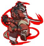  2017 anthro asian_clothing belly black_body black_fur bulge butt clothing east_asian_clothing felid fundoshi fur japanese_clothing male mammal osansyoup overweight overweight_anthro overweight_male pantherine red_body red_fur simple_background solo tiger underwear weapon white_background 