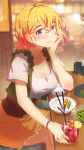  1girl absurdres ahoge bangs blurry blurry_background blush breasts cleavage closed_mouth collarbone crossed_bangs crossed_legs cup drinking_straw ear_blush earrings eyelashes food glint hand_up highres holding holding_cup indoors jewelry kanojo_okarishimasu large_breasts light_smile lime_slice looking_at_viewer nanami_mami plate shiny shiny_hair shirt short_hair short_sleeves sitting skirt solo stud_earrings sweat tomok1 white_shirt yellow_eyes yellow_skirt 