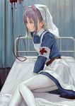  animal_ears apron bed blood blood_bag blue_dress cat_ears dress fkey gloves grey_hair hat highres hospital hospital_bed intravenous_drip nurse nurse_cap on_bed original pantyhose red_eyes sitting sitting_on_bed tent white_legwear world_war_i 