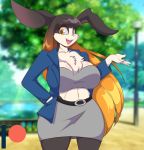  anthro bottomwear breasts clothing covered_breasts female hair jacket lagomorph leporid long_hair looking_at_viewer mammal mastergodai multicolored_hair navel rabbit skirt smile smiling_at_viewer solo topwear work_uniform 