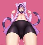  1girl :d absurdres animal_ears animal_hood bell bell_collar black_shorts blush breasts breasts_apart cameltoe cat_ears cat_tail cheshire_cat_(monster_girl_encyclopedia) collar english_commentary facial_mark highres hood hood_up looking_at_viewer looking_down monster_girl monster_girl_encyclopedia navel no_bra nose_blush open_mouth purple_hair purple_hoodie red_background short_shorts shorts simple_background smile solo standing tail tail_bell wlper 