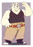  2020 absurd_res anthro belly black_nose bottomwear clothing cute_fangs fur hi_res male mammal one_eye_closed overweight overweight_anthro overweight_male pants realiron_(artist) shirt solo topwear ursid white_body white_fur wink 