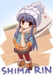  1girl blue_hair boots brown_eyes character_name chibi fur_trim hands_in_pockets hat highres ikkyuu jacket leggings pleated_skirt scarf shima_rin skirt solo winter_clothes yurucamp 