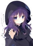  1girl bangs black_bow black_capelet black_robe bow capelet claw_pose closed_mouth commentary_request copyright_request eyebrows_visible_through_hair hair_between_eyes hand_up hood hood_up hooded_robe long_hair looking_at_viewer purple_eyes purple_hair robe shiratama_(shiratamaco) simple_background smile solo sparkle translation_request white_background 