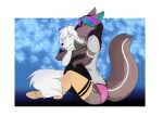  absurd_res alpha_channel anthro black_hair blush canid canine canis clothing cuddling duo female girly hair hi_res highlights_(coloring) hybrid legwear male male/female mammal manly panties platonic sonja_wusky steele-shark_(artist) tail_tuft thigh_highs tuft underwear wolf wolfdog 