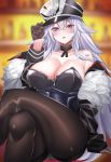  1girl absurdres adjusting_clothes adjusting_headwear arm_support azur_lane bangs bare_shoulders black_choker black_gloves black_legwear blush breasts choker cleavage collarbone crossed_legs eyebrows_visible_through_hair feet_out_of_frame fur_trim gloves graf_zeppelin_(azur_lane) hair_between_eyes hand_up hat highres keishi_surota large_breasts leotard long_hair long_sleeves looking_at_viewer off_shoulder open_mouth pantyhose peaked_cap red_eyes silver_hair sitting solo thighs very_long_hair 