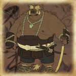 1:1 2018 anthro armor belly male mammal moobs nipples osansyoup overweight overweight_male smoking suid suina sus_(pig) text weapon wild_boar 