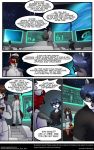  abluedeer adrian_(scarlettv) ailurid anthro black_nose blue_hair brown_hair comic dialogue english_text eyewear facial_hair female glasses goatee group hair hi_res looking_back male mammal procyonid raccoon red_panda text unknown_character url yellow_eyes 