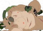  2020 anthro belly brown_body brown_fur canid canine canis censored domestic_dog fur genitals kemono komanokura lying male mammal moobs nipples overweight overweight_anthro overweight_male penis solo tokyo_afterschool_summoners video_games yasuyori 