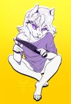  anthro breasts catherinemeow clothed clothing felid feline female fur gloves hair handwear hi_res holding_object holding_weapon knife mammal partially_clothed purple_eyes shirt simple_background smile solo topwear weapon white_body white_fur white_hair 